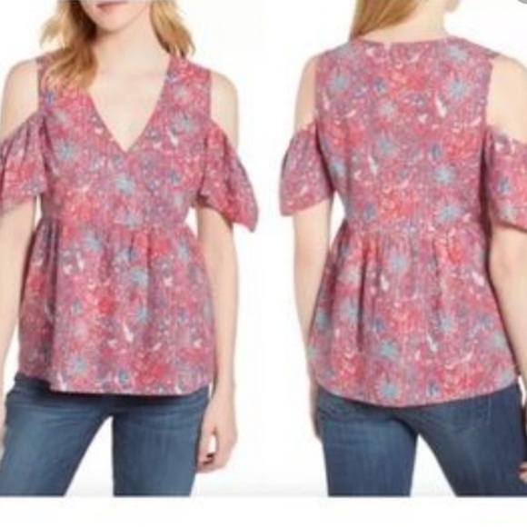 LUCKY BRAND Women’s Floral Red Blue Cold Shoulder Baby Doll Top Sz S - Picture 2 of 11